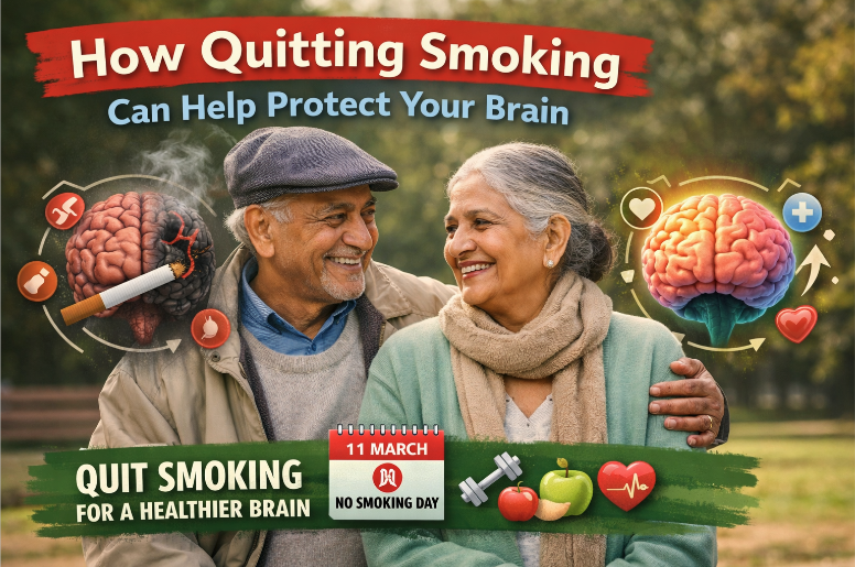 British Indian senior couple walking in a park with side illustrations of a damaged brain and a healthy brain.