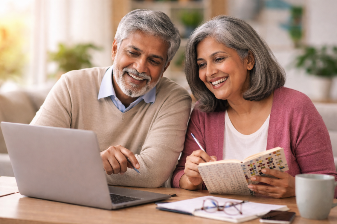 Older Indian UK couple solving a crossword puzzle together in a living room to support brain resilience