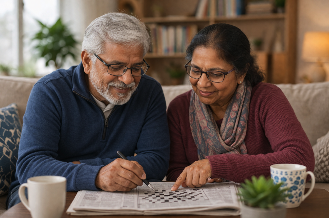 Older Indian UK couple sitting at a table, using a laptop and solving a crossword together to keep their minds active