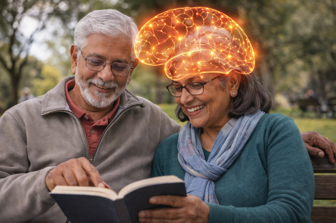 Older Indian UK couple reading a book together in a park with a glowing brain illustration symbolising brain health