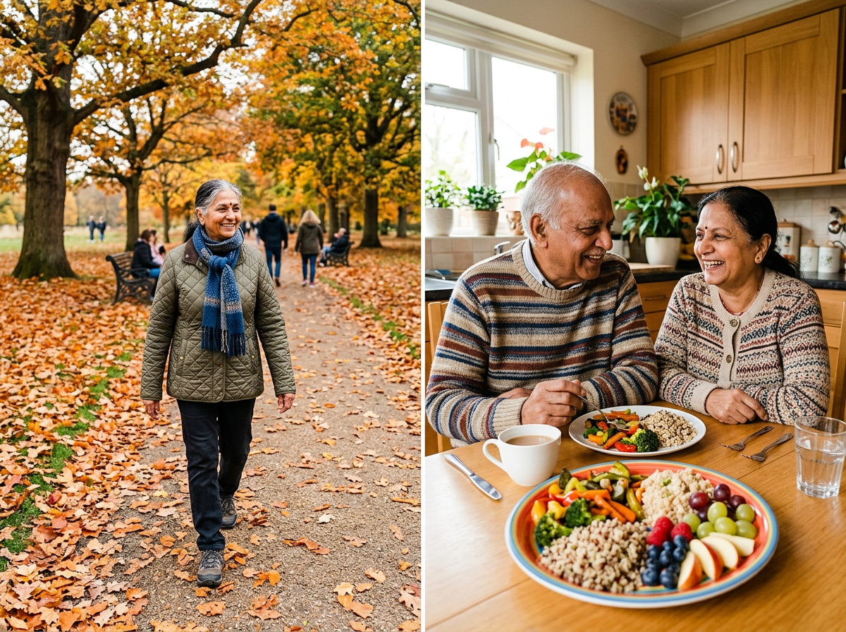 Older adults walking in a park, eating a healthy meal, and enjoying everyday activity to support brain health