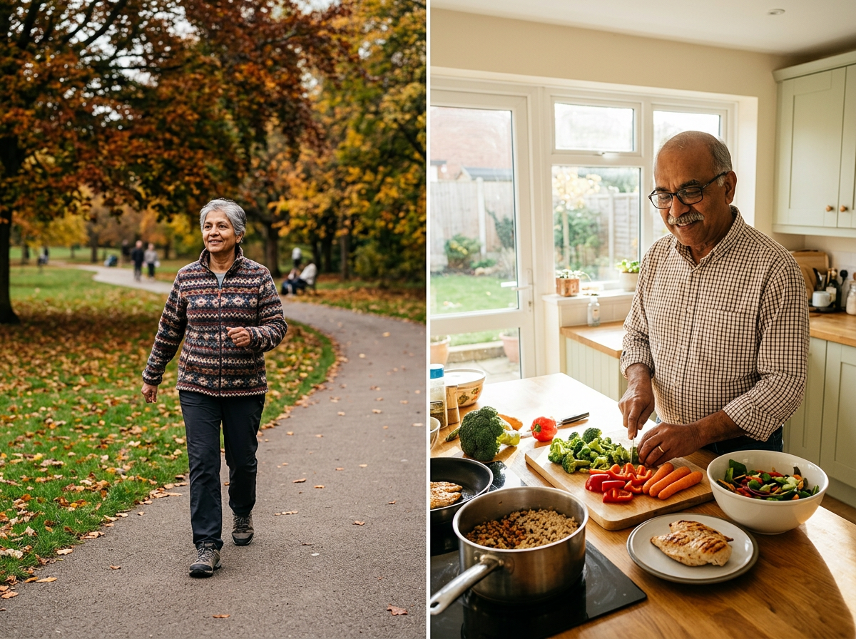Older adults walking, preparing a balanced meal and staying active to help manage diabetes and protect brain health