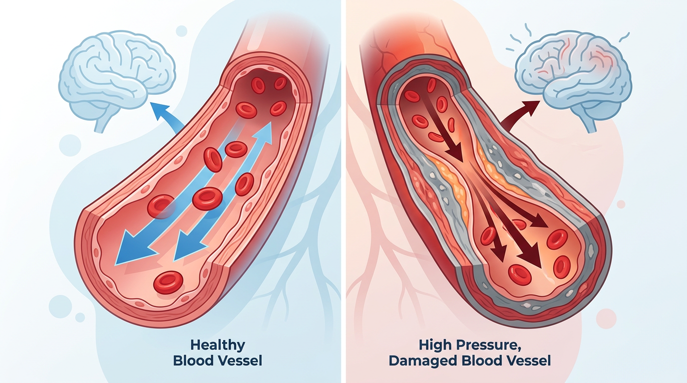 Illustration showing how high blood pressure damages blood vessels and restricts blood flow to the brain