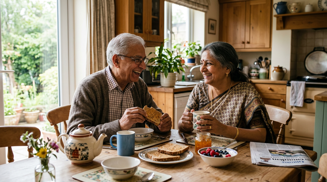 Older adult having a healthy meal, representing the connection between high cholesterol and brain health