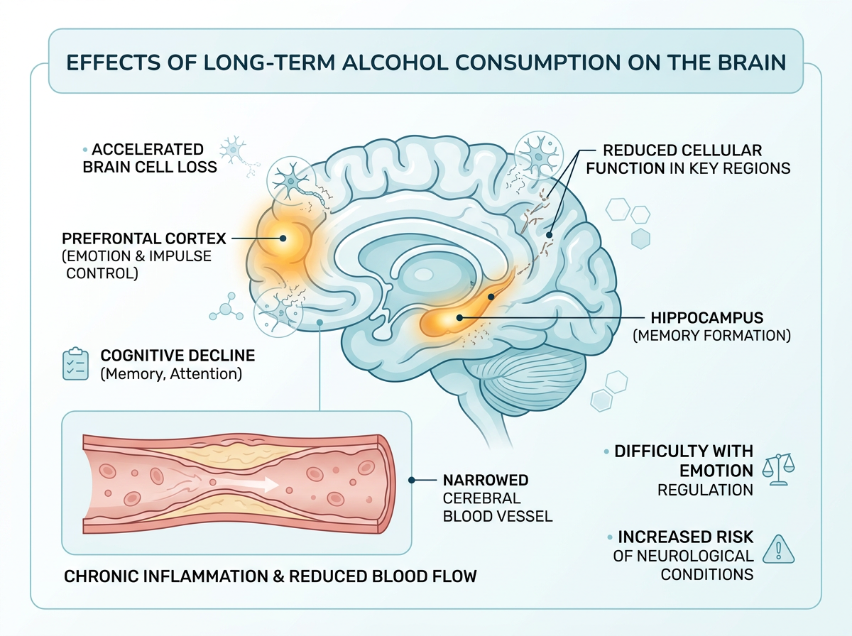 Illustration showing how long-term alcohol use damages brain cells and blood vessels