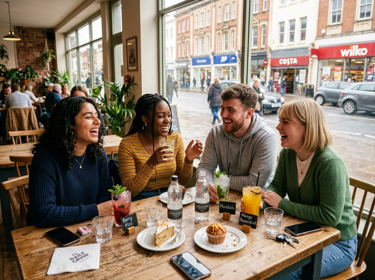 Diverse group of British friends enjoying alcohol-free drinks together to help protect their brain health