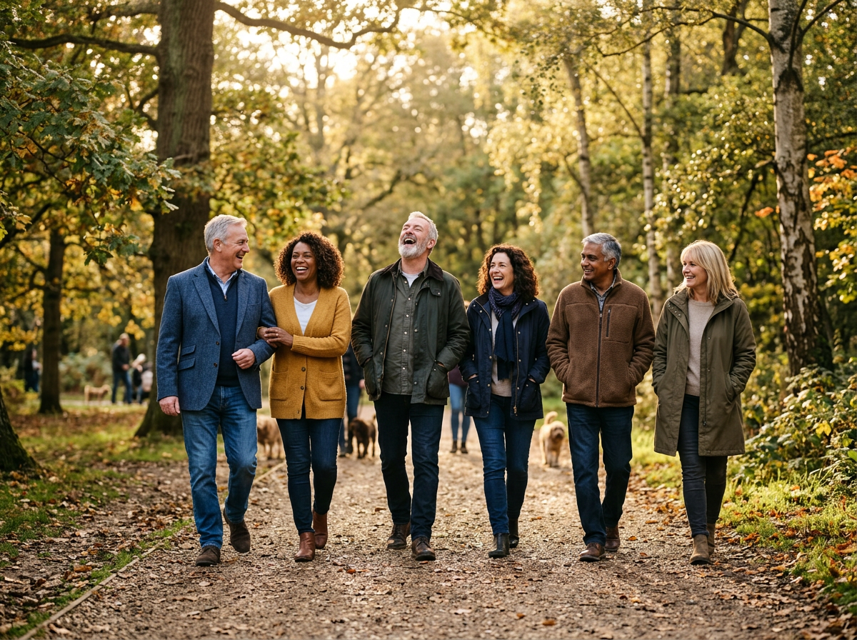 British adults relaxing outdoors together to help protect their brain health