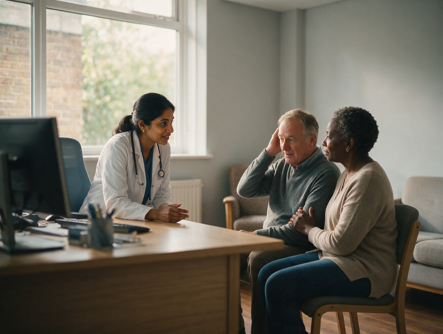 GP reassuring an older patient and his wife during a check-up after a head injury