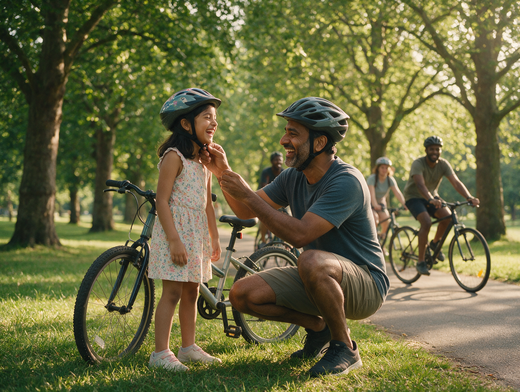 British Indian father fastening his daughter's cycling helmet in a park before a bike ride