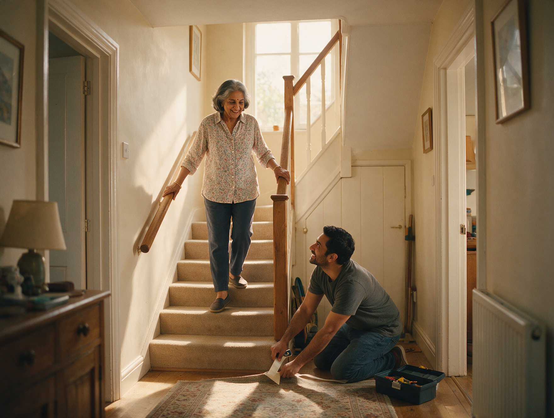 Older British Indian woman holding a grab rail on a well-lit staircase at home